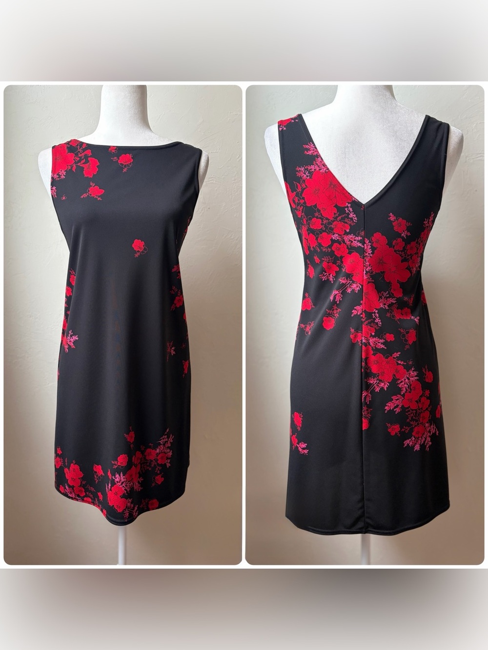Vintage 90s G.A.S. Black Red Floral Sleeveless Shift Dress Deep V Back Y2K Small